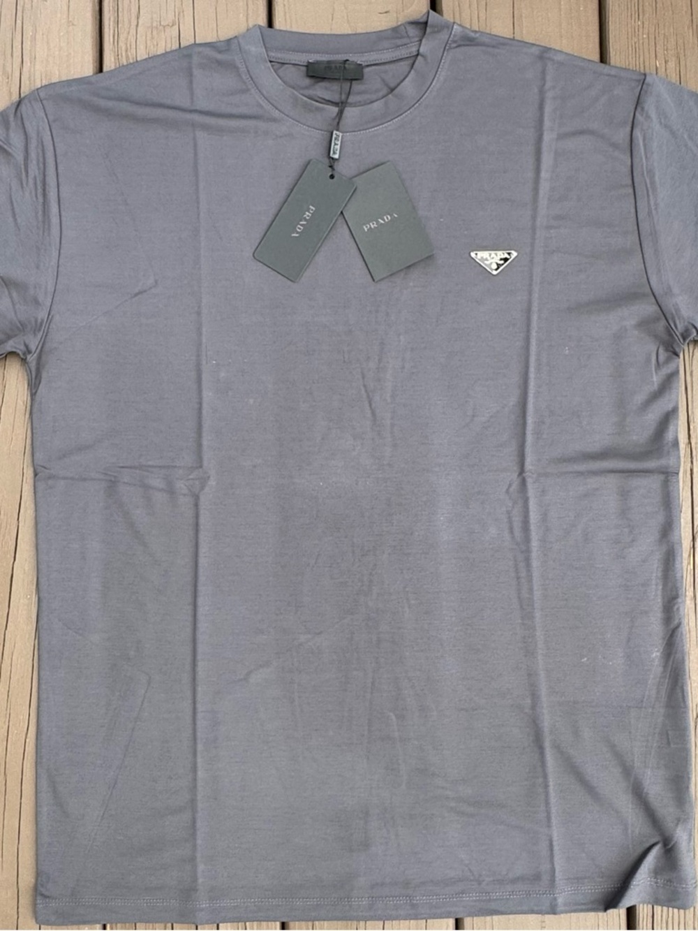 Prada Men's Crewneck Tee in Gray with Silver Triangle Logo